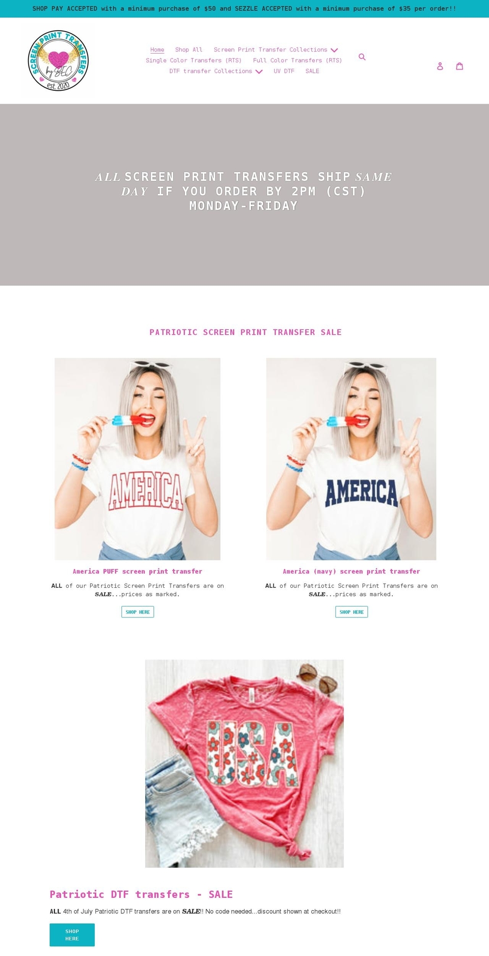 screenprinttransfersbybec.com shopify website screenshot