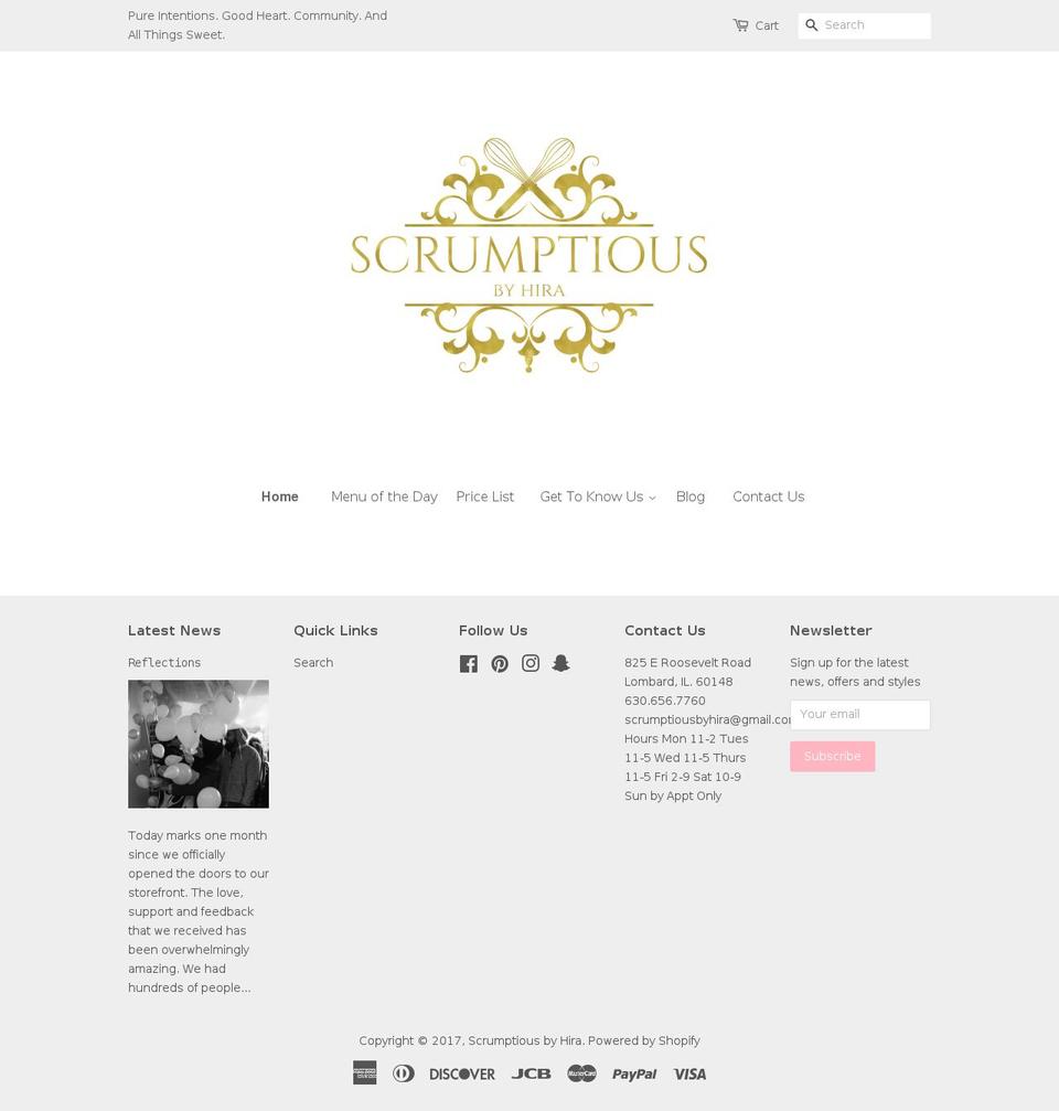 scrumptiousbyhira.com shopify website screenshot