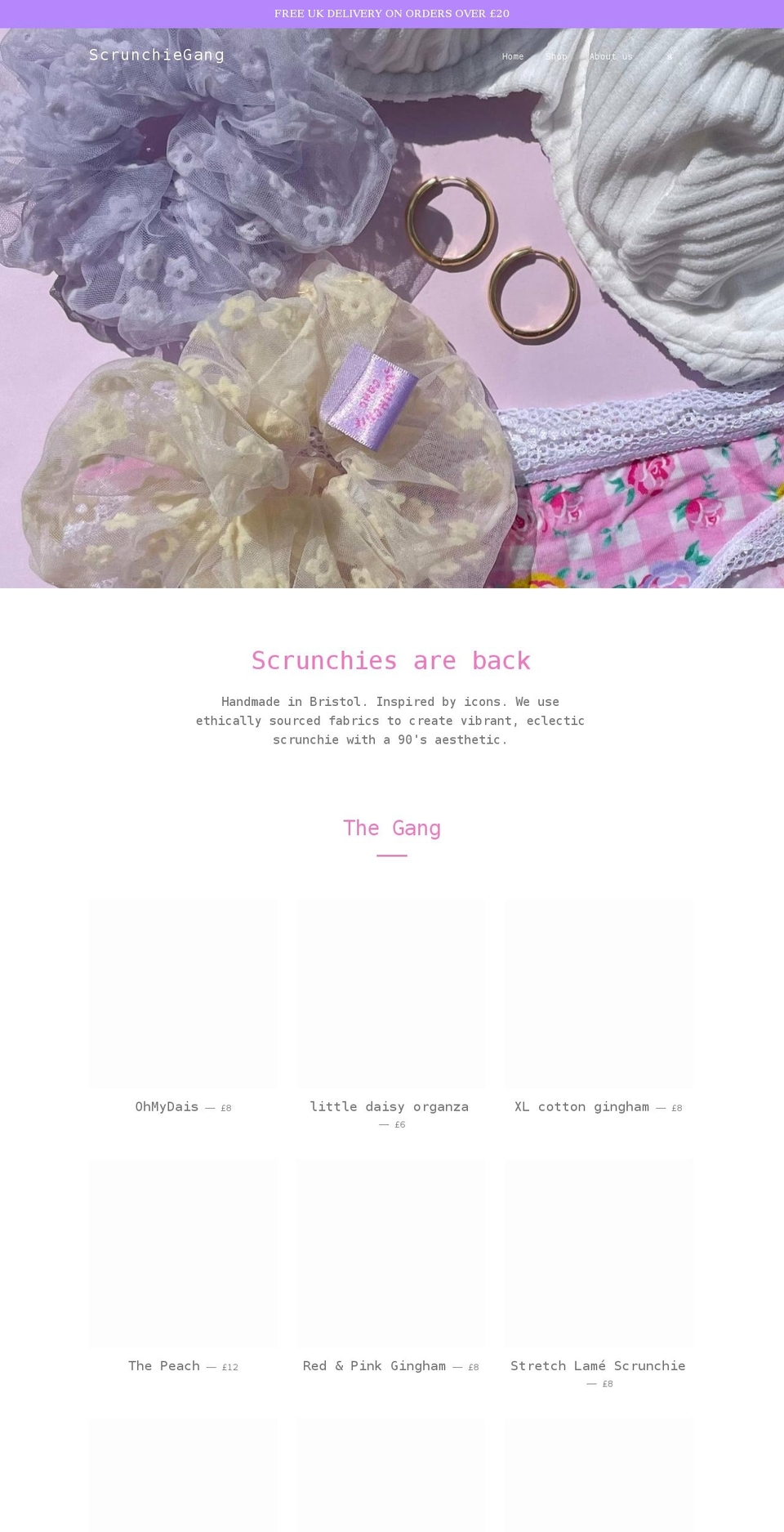 scrunchiegang.co.uk shopify website screenshot