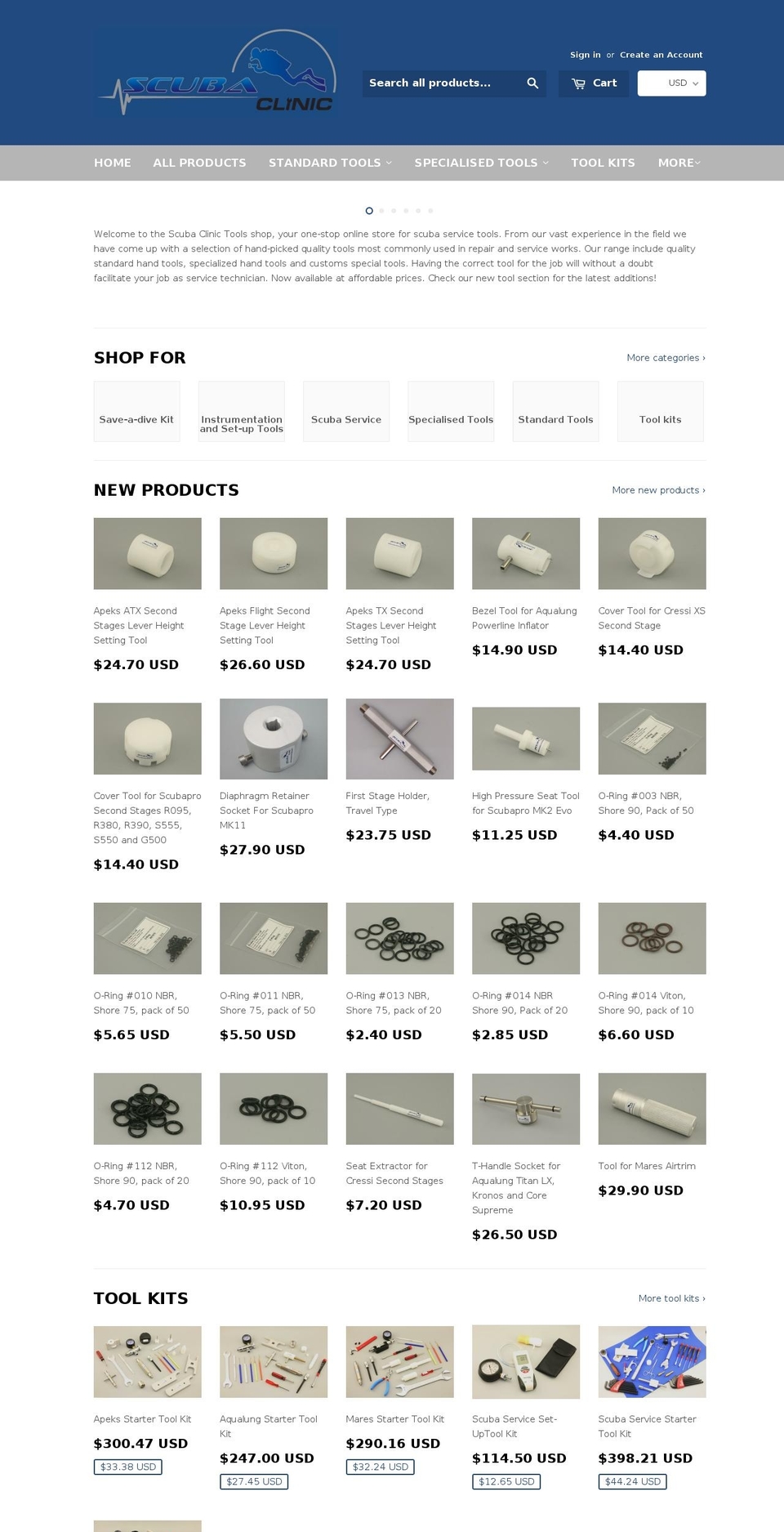 scuba-clinic-tools.com shopify website screenshot