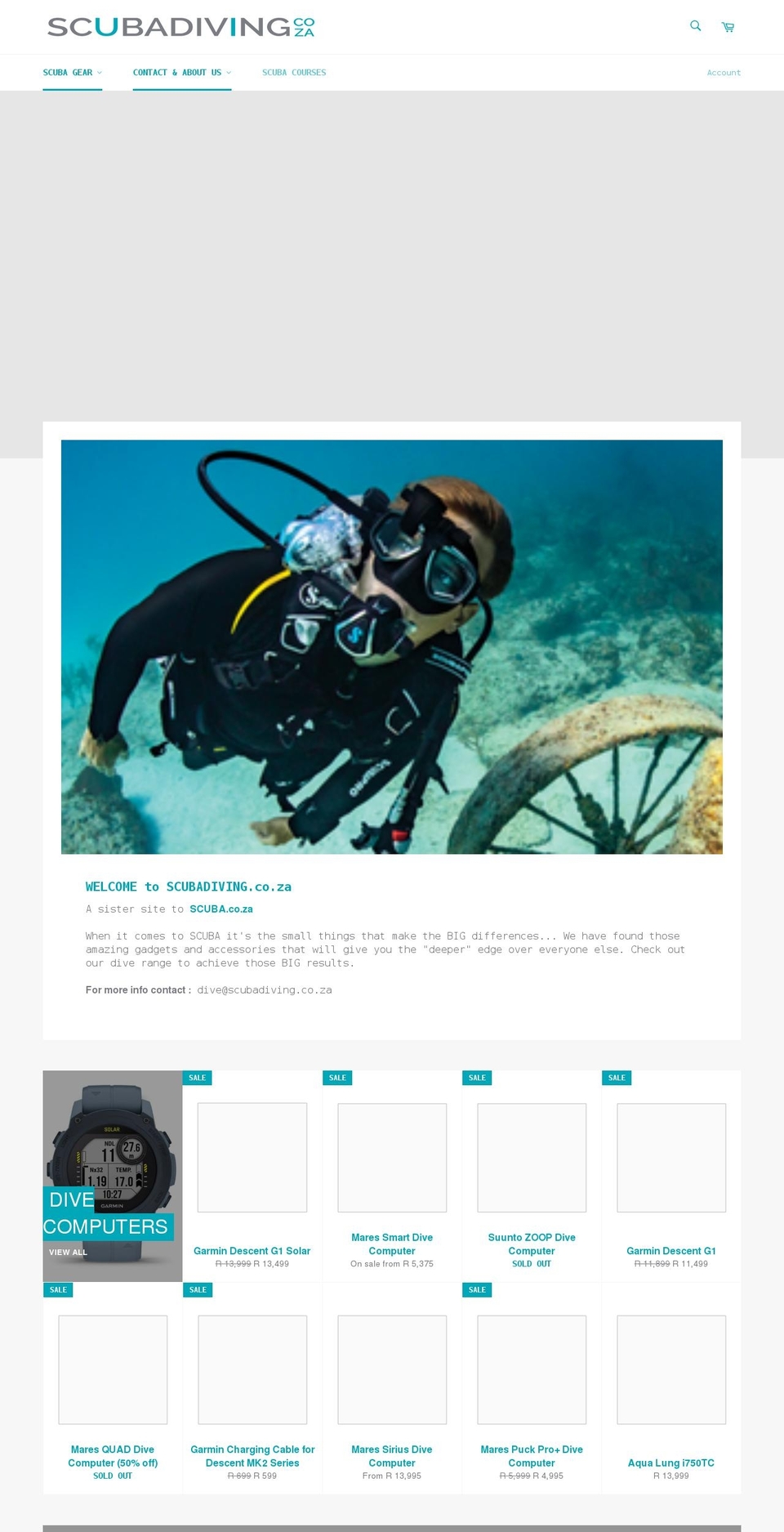 scubadiving.co.za shopify website screenshot