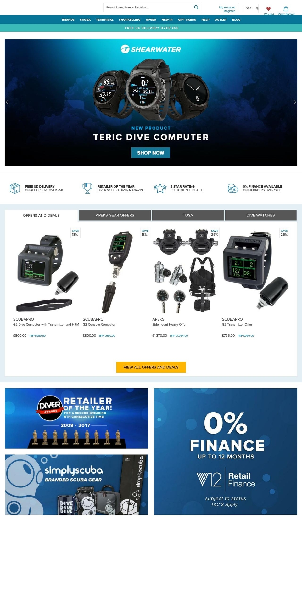 scubastore.biz shopify website screenshot