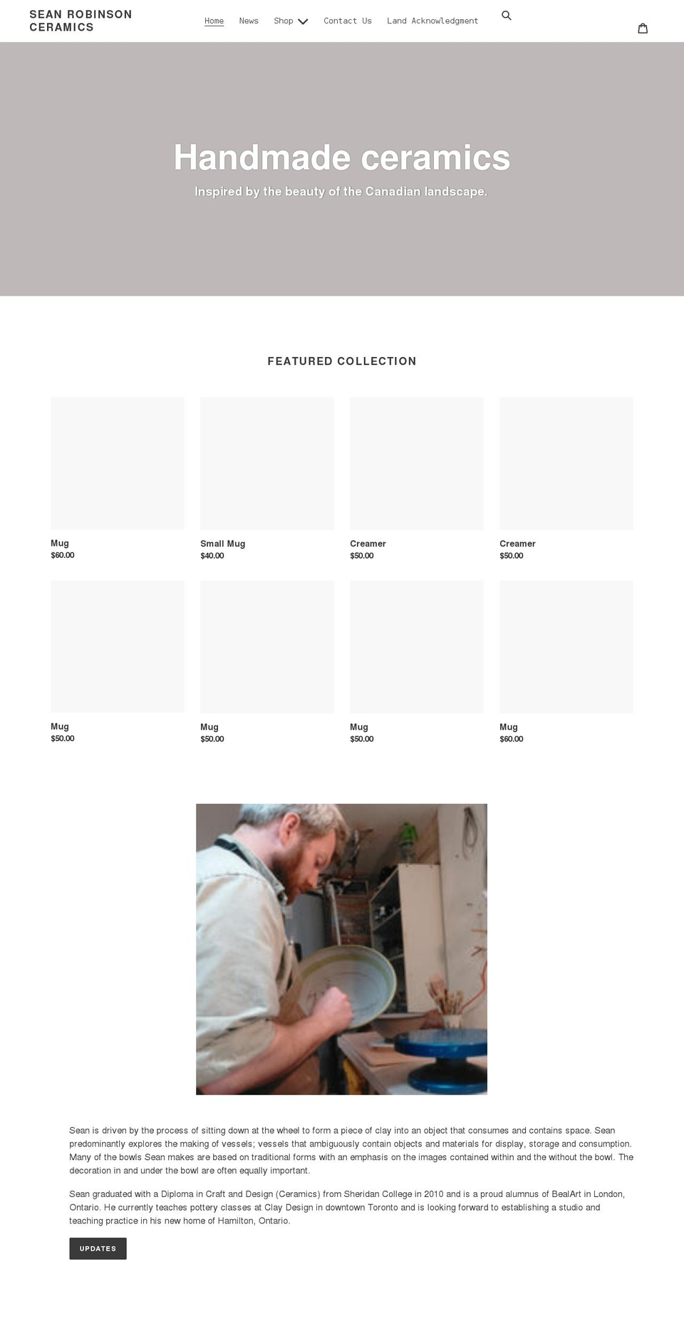 seanrobinsonceramics.ca shopify website screenshot