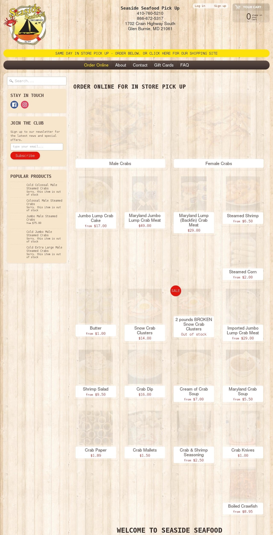 seasidecrabs.com — Shopify storefront screenshot