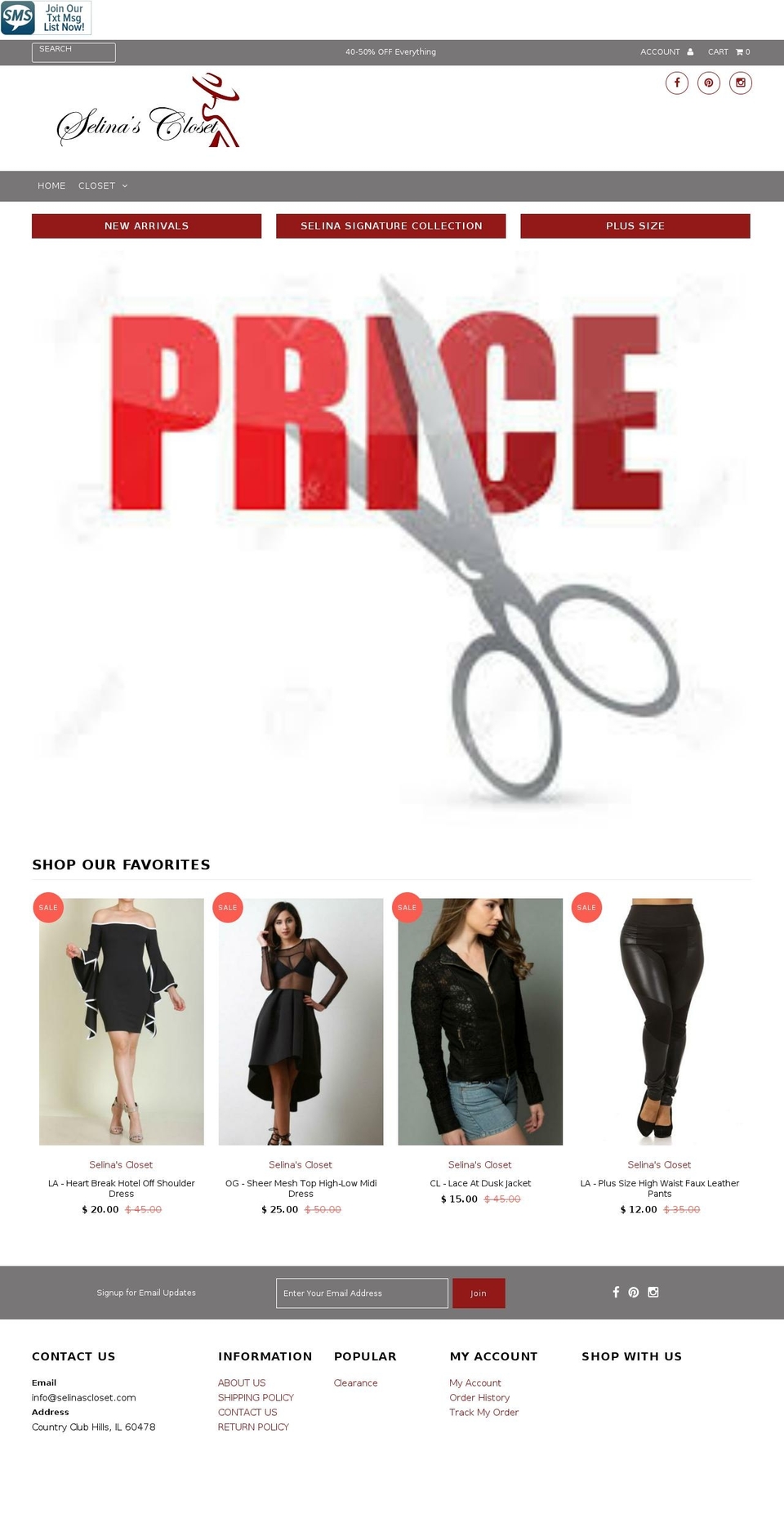 selinascloset.com shopify website screenshot