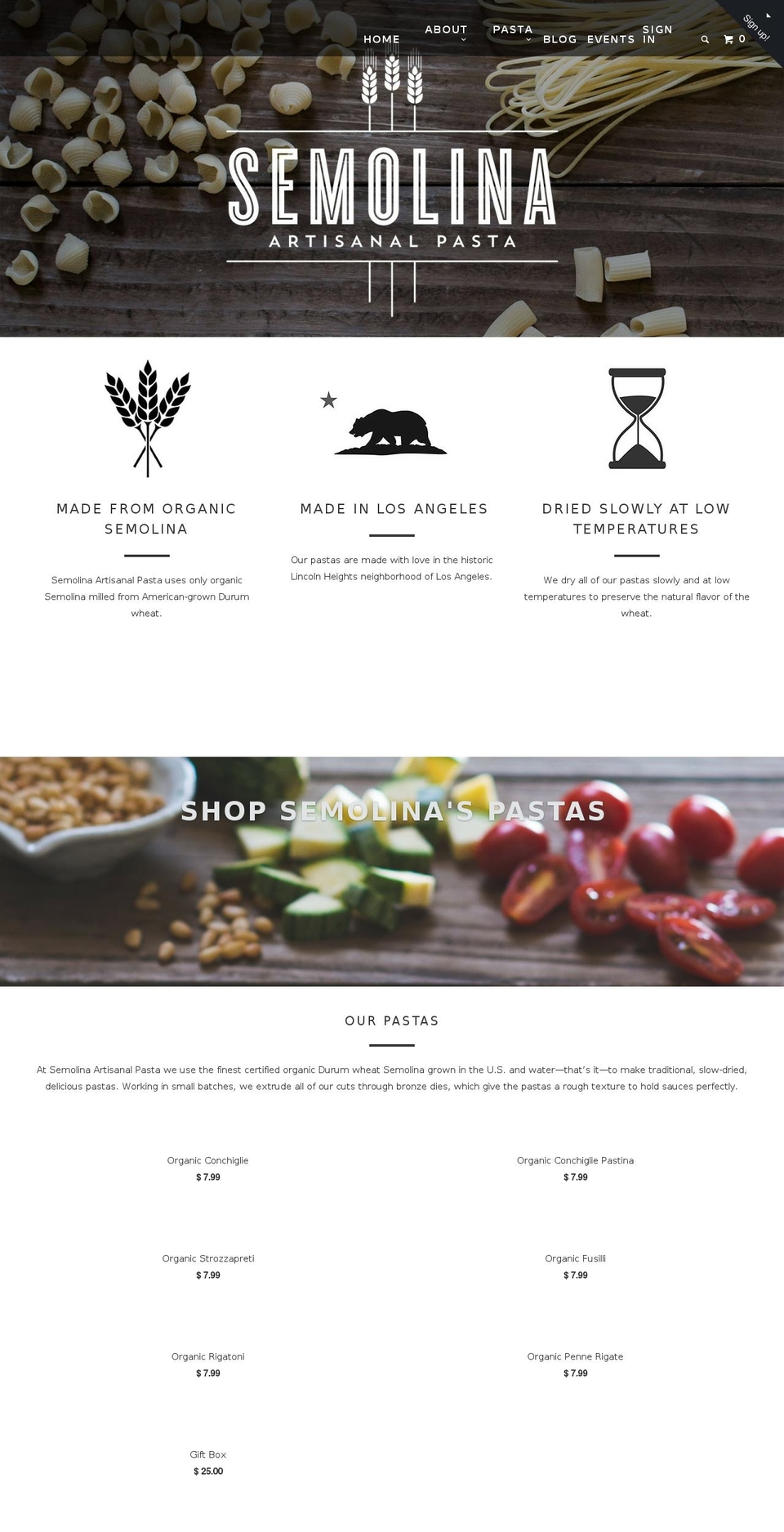 semolinapasta.com shopify website screenshot