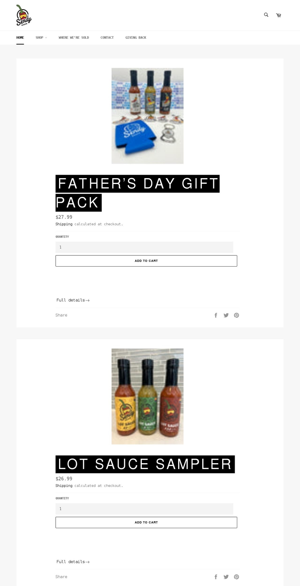 sendysauce.com shopify website screenshot