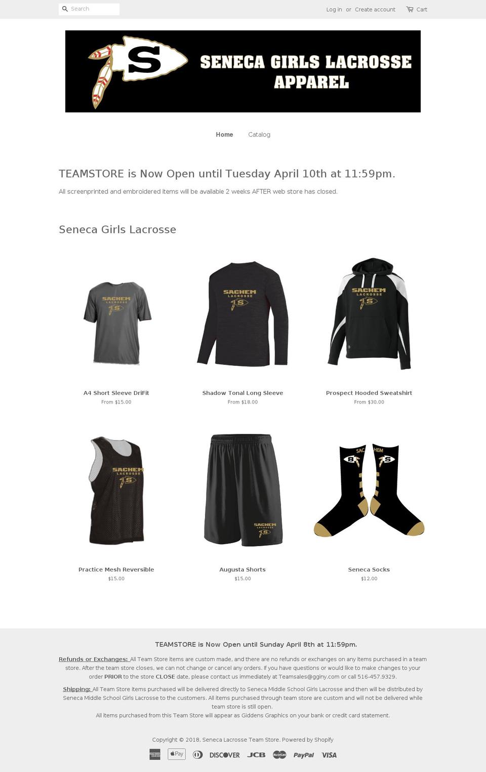 senecalacrosseteamstore.com — Shopify storefront screenshot