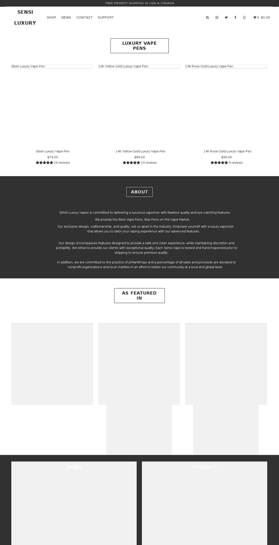 sensiluxuryvapes.com shopify website screenshot