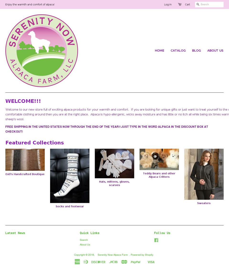 serenitynowalpacas.com — Shopify storefront screenshot