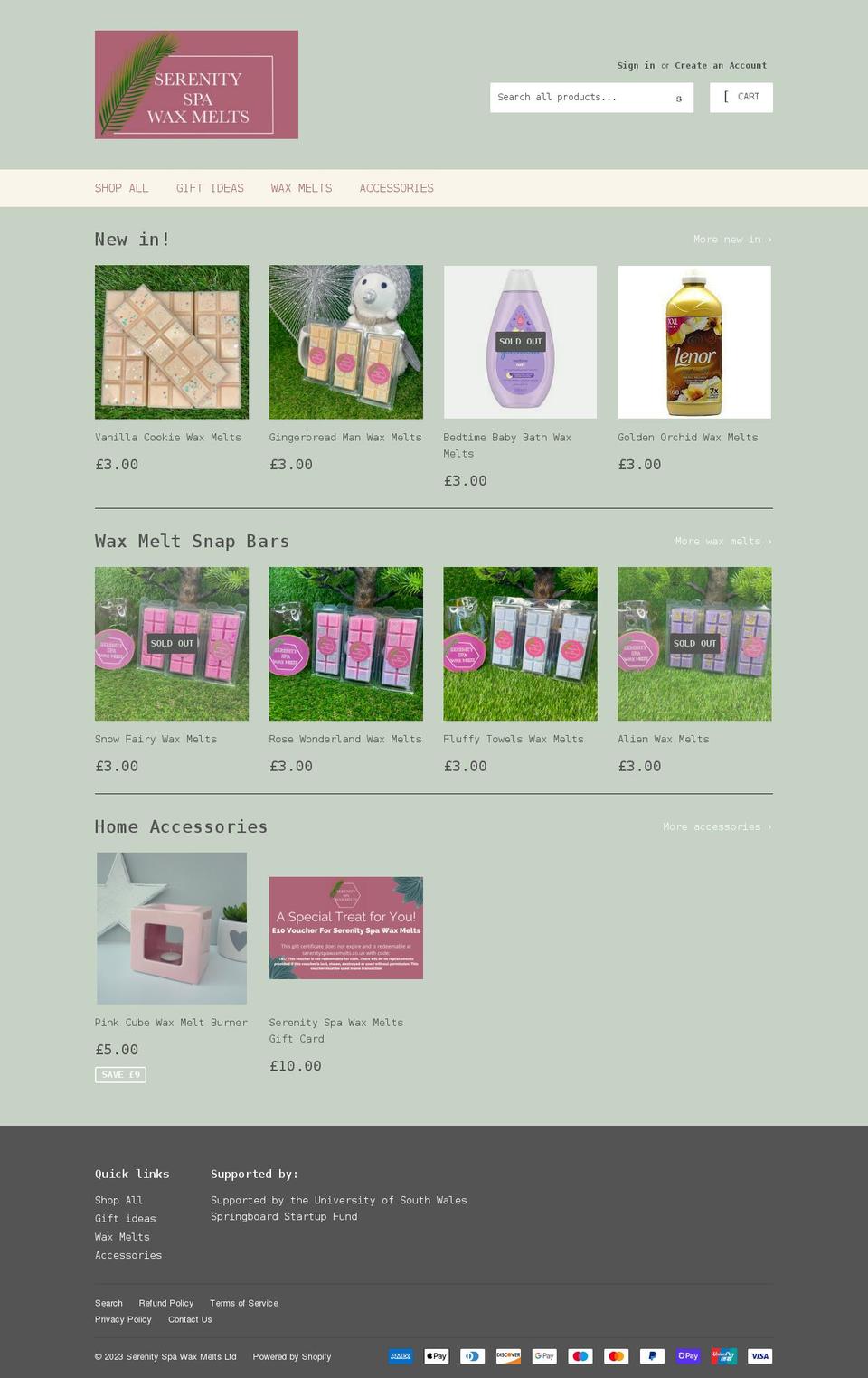 serenityspawaxmelts.co.uk shopify website screenshot