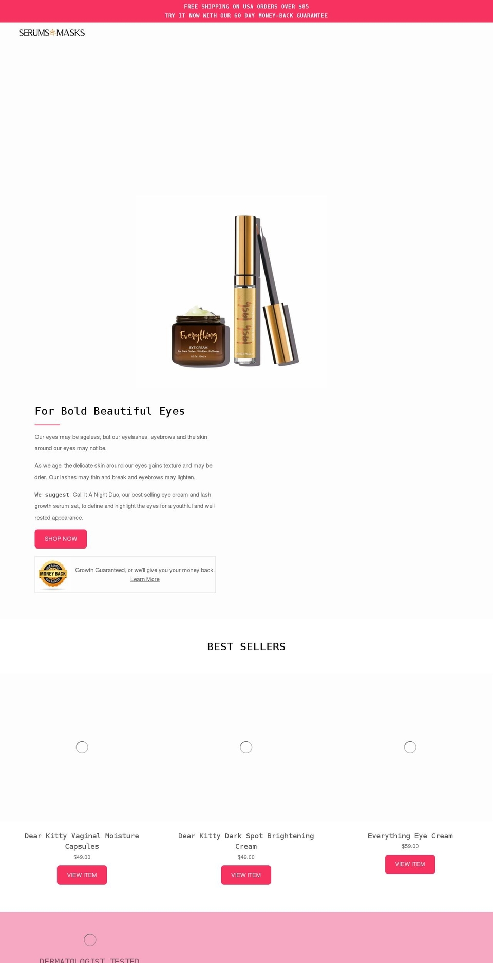 serumsandmasks.com shopify website screenshot