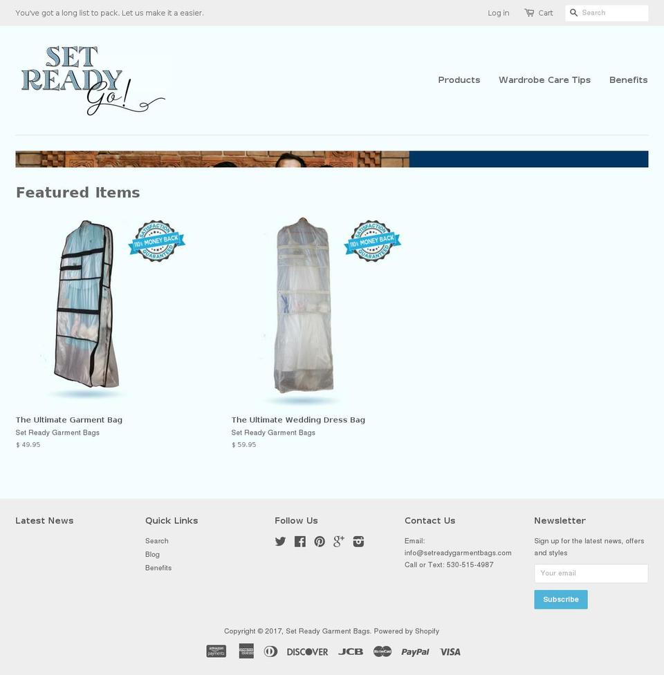 setreadygarmentbag.com shopify website screenshot