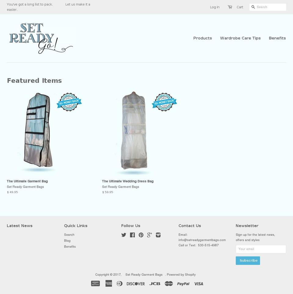 setreadygarmentbags.com shopify website screenshot