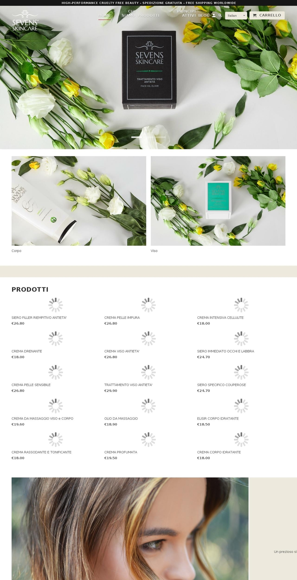 sevensskincare.it shopify website screenshot