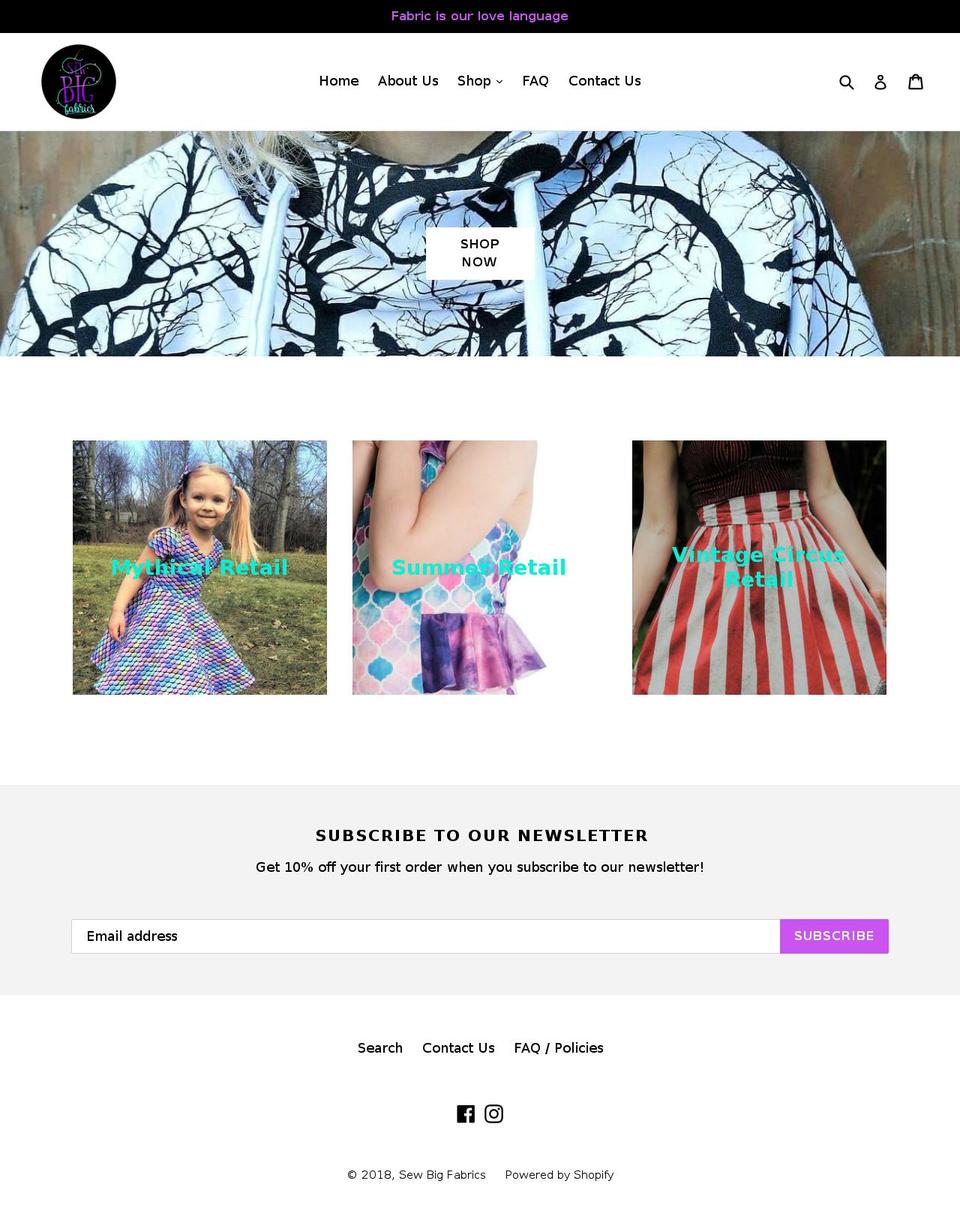 sewbigfabrics.com shopify website screenshot