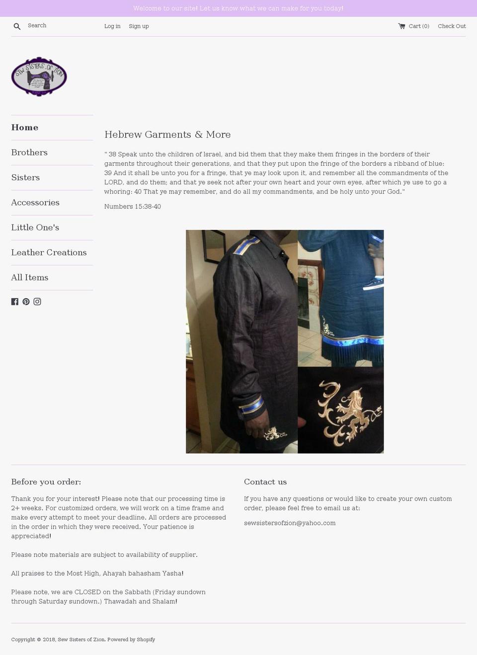 sewsistersofzion.com — Shopify storefront screenshot