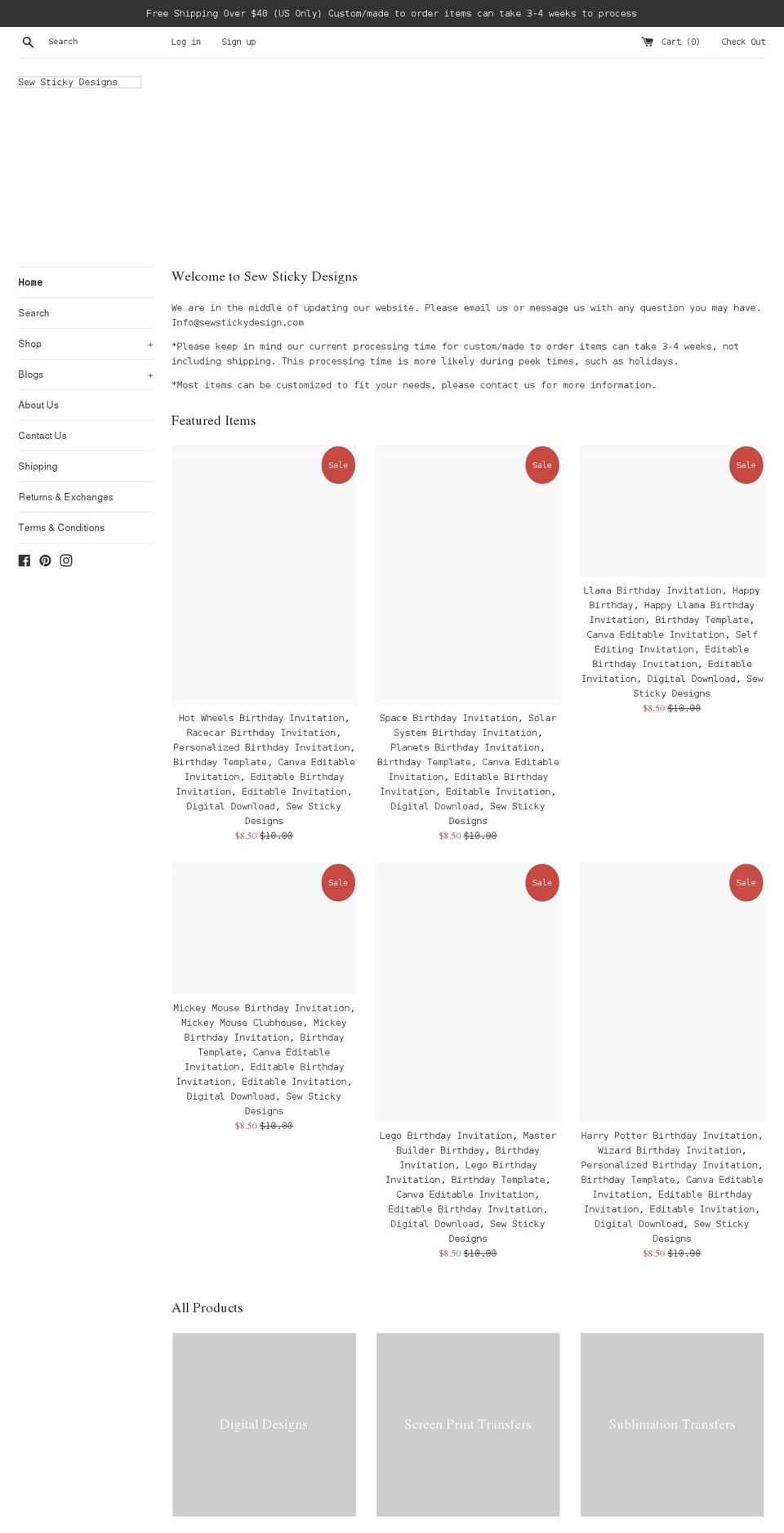 sewstickydesigns.com — Shopify storefront screenshot