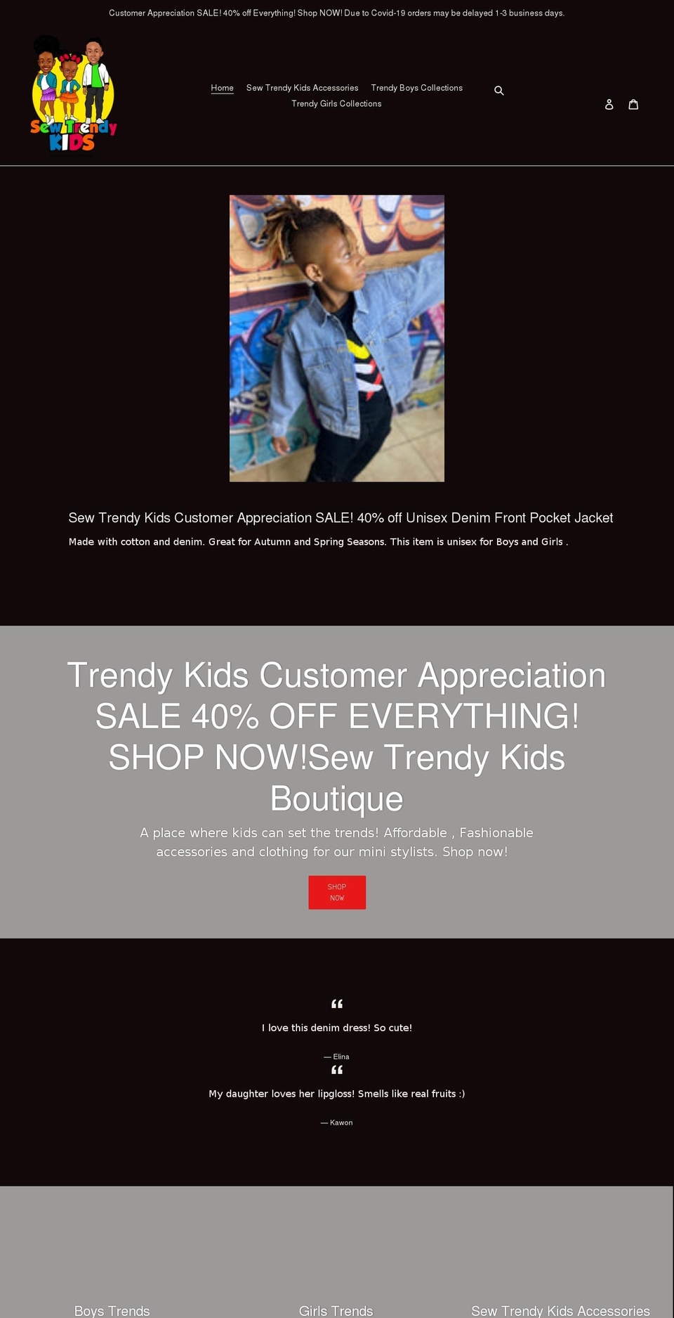 sewtrendykidsboutique.com shopify website screenshot