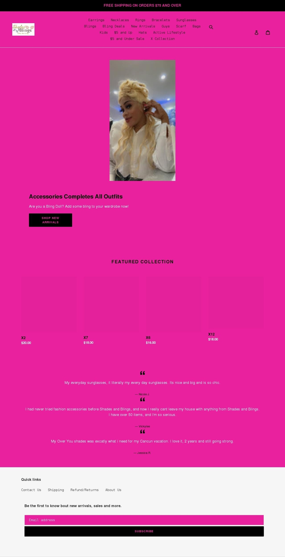 shadesandblings.com shopify website screenshot
