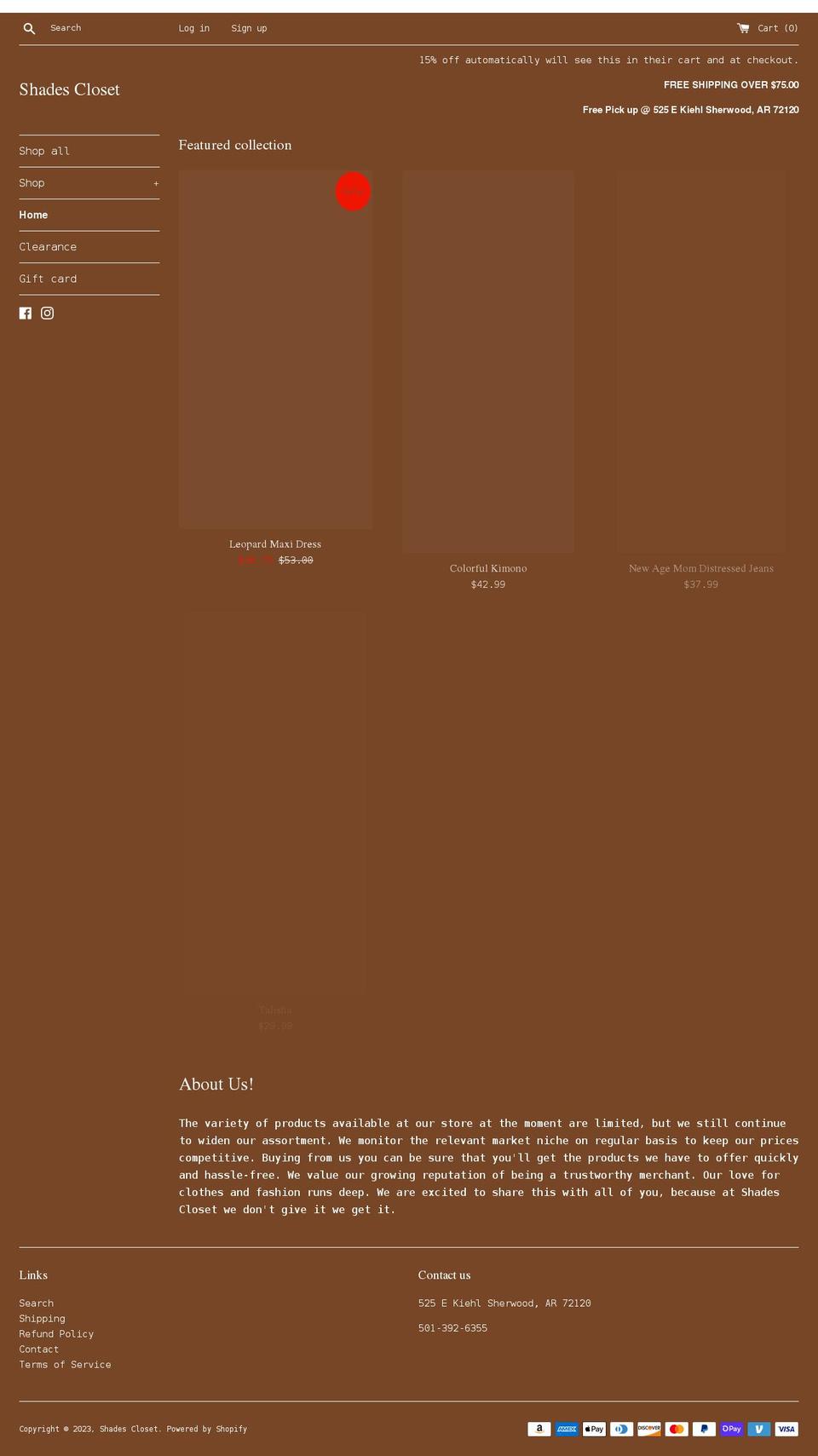 shadescloset.com shopify website screenshot