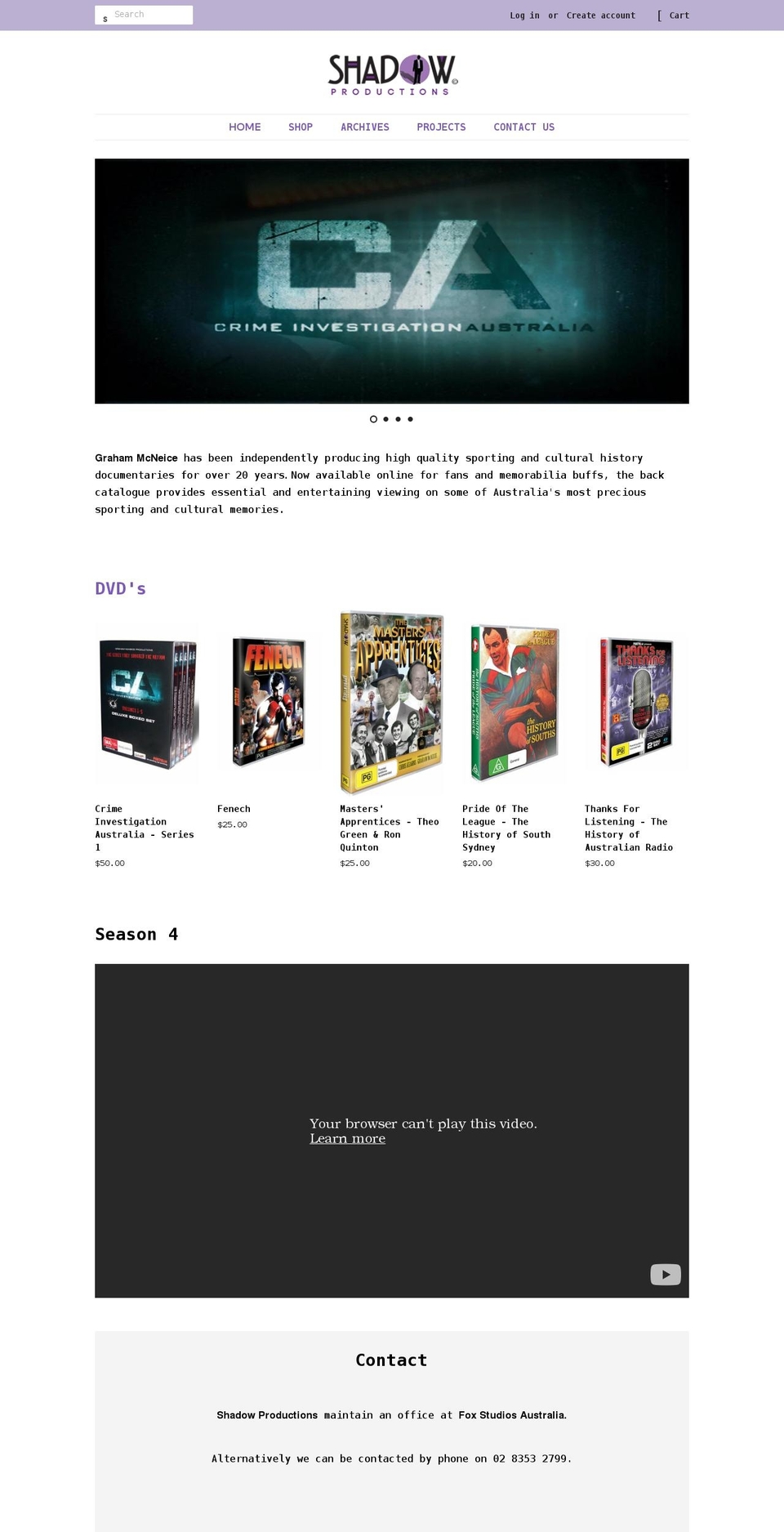 shadowproductions.com.au shopify website screenshot