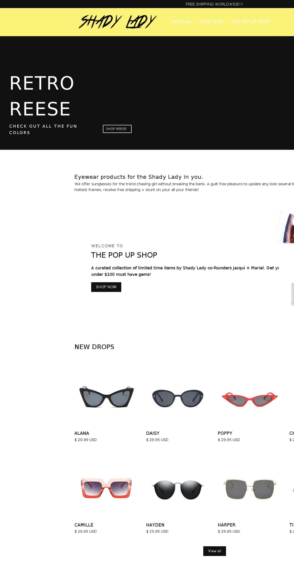 shadyladyeyewear.com — Shopify storefront screenshot