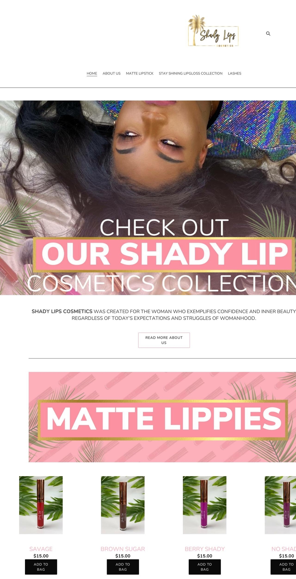 shadylipscosmetics.com shopify website screenshot