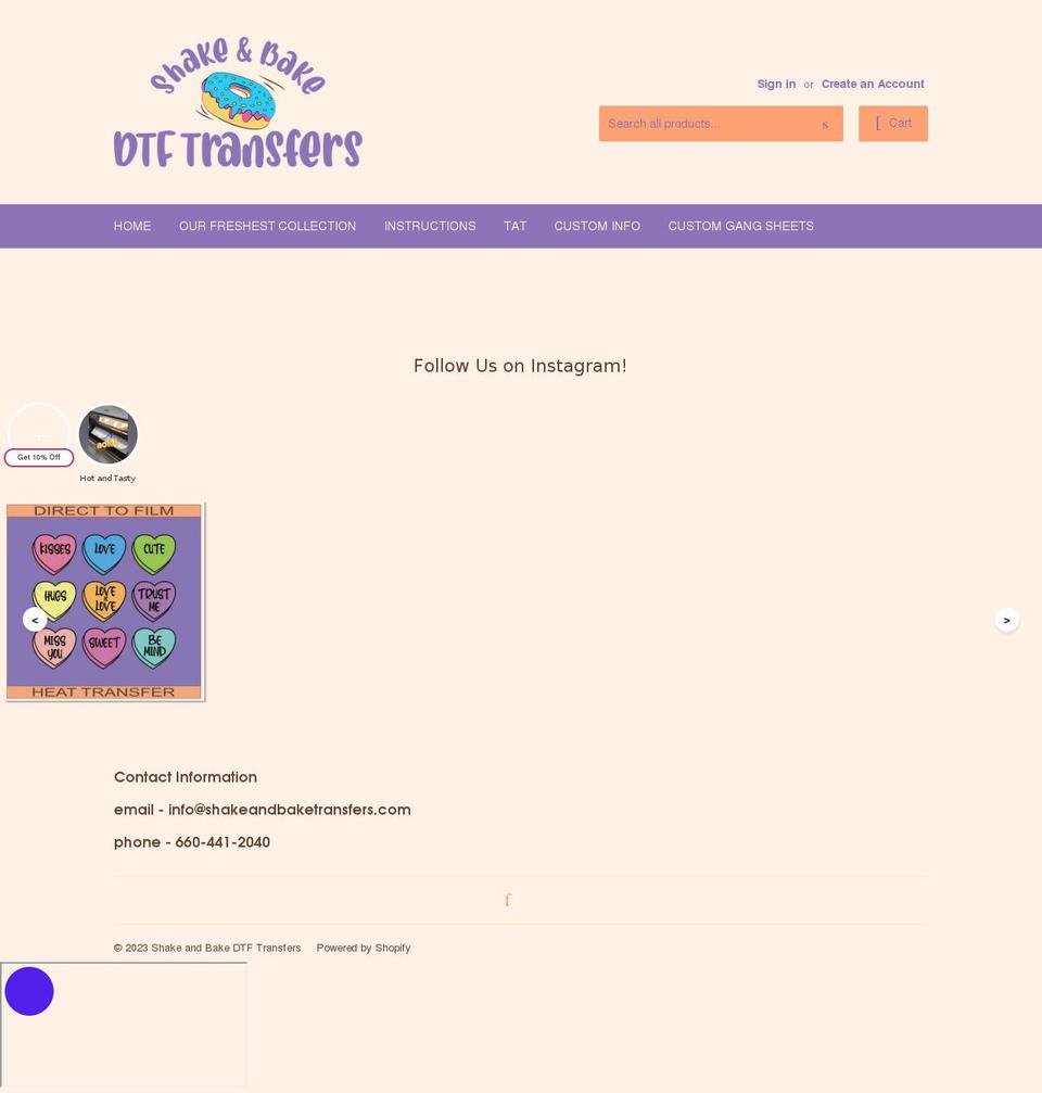 shakeandbaketransfers.com shopify website screenshot