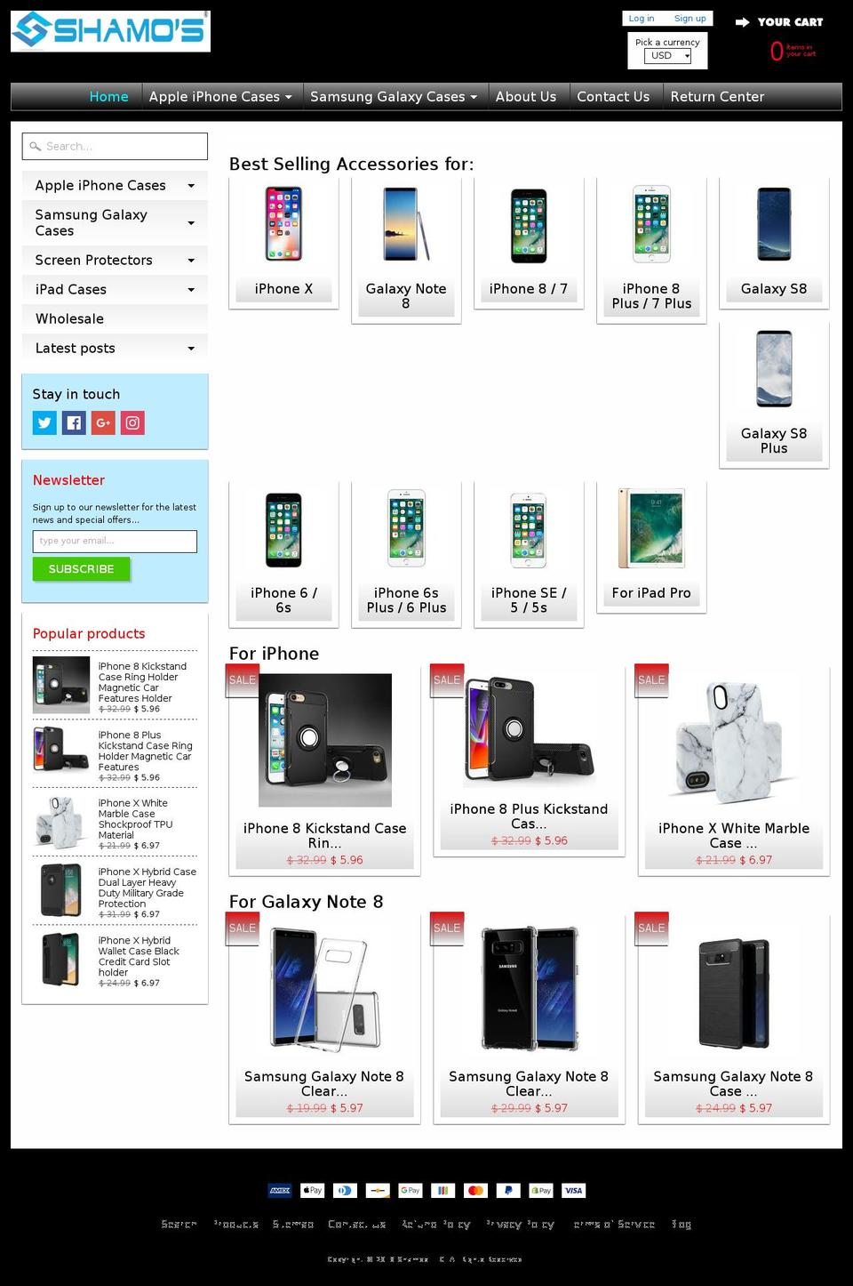 shamoscases.com shopify website screenshot