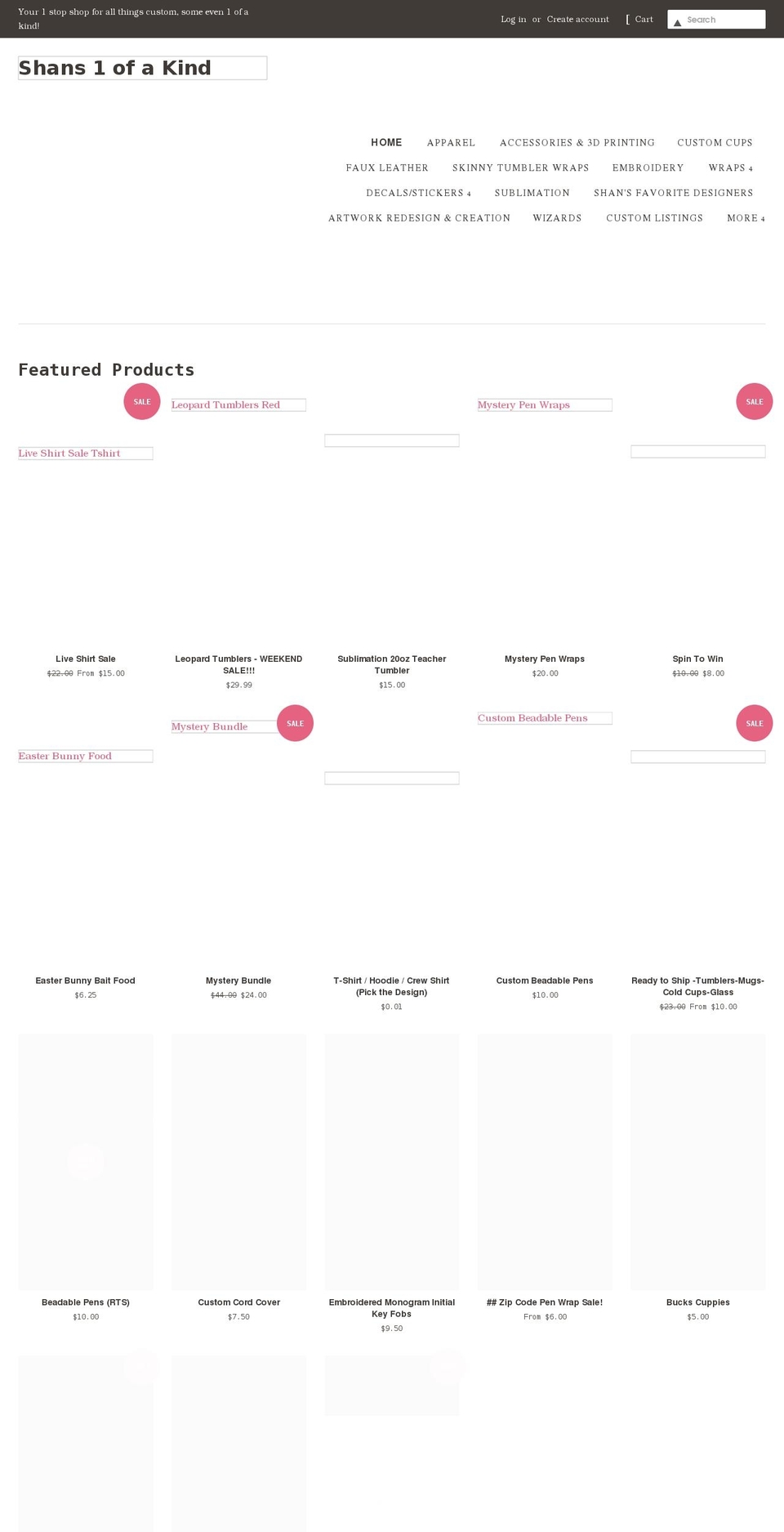 shans1ofakind.com shopify website screenshot
