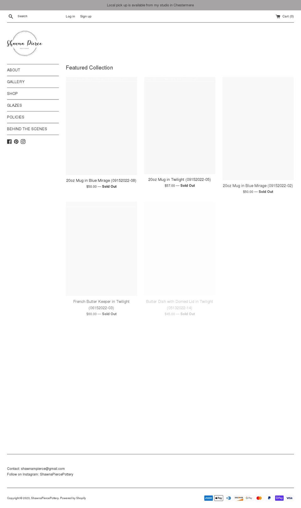 shawnapiercepottery.com shopify website screenshot