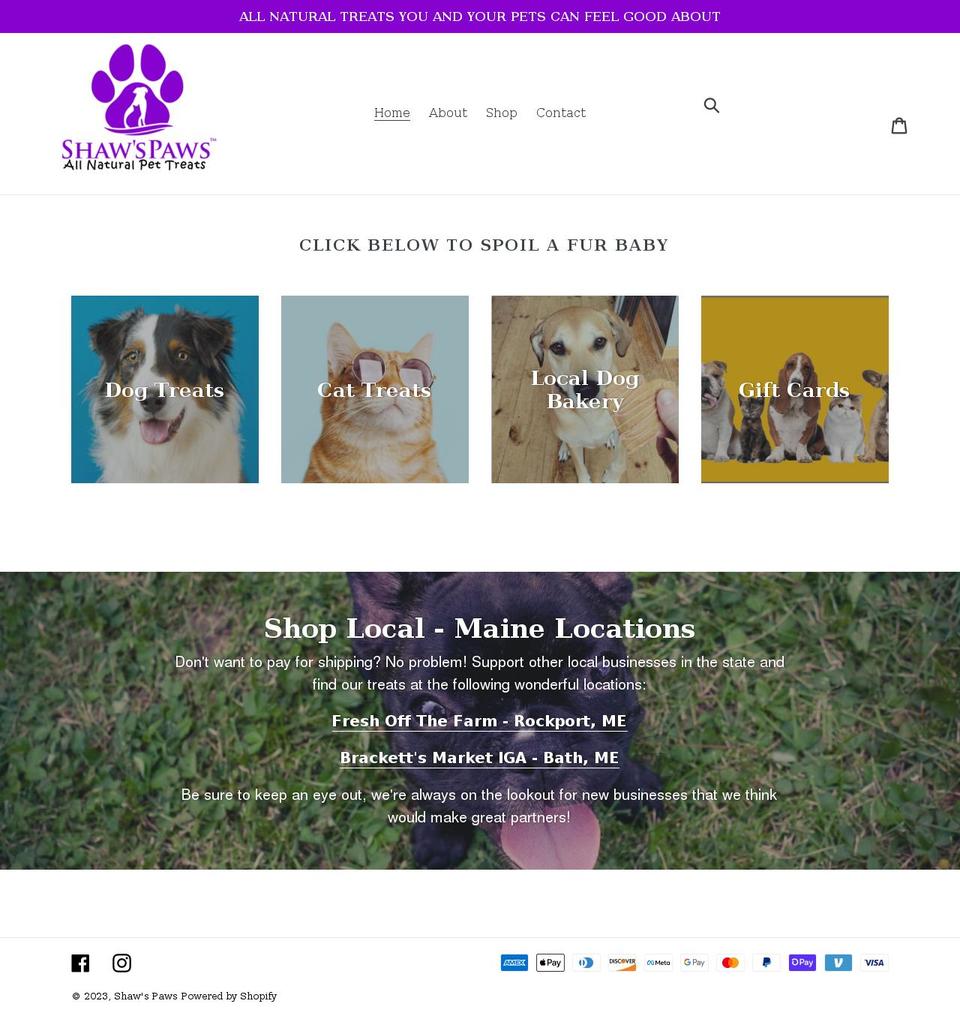 shawspaws.org shopify website screenshot
