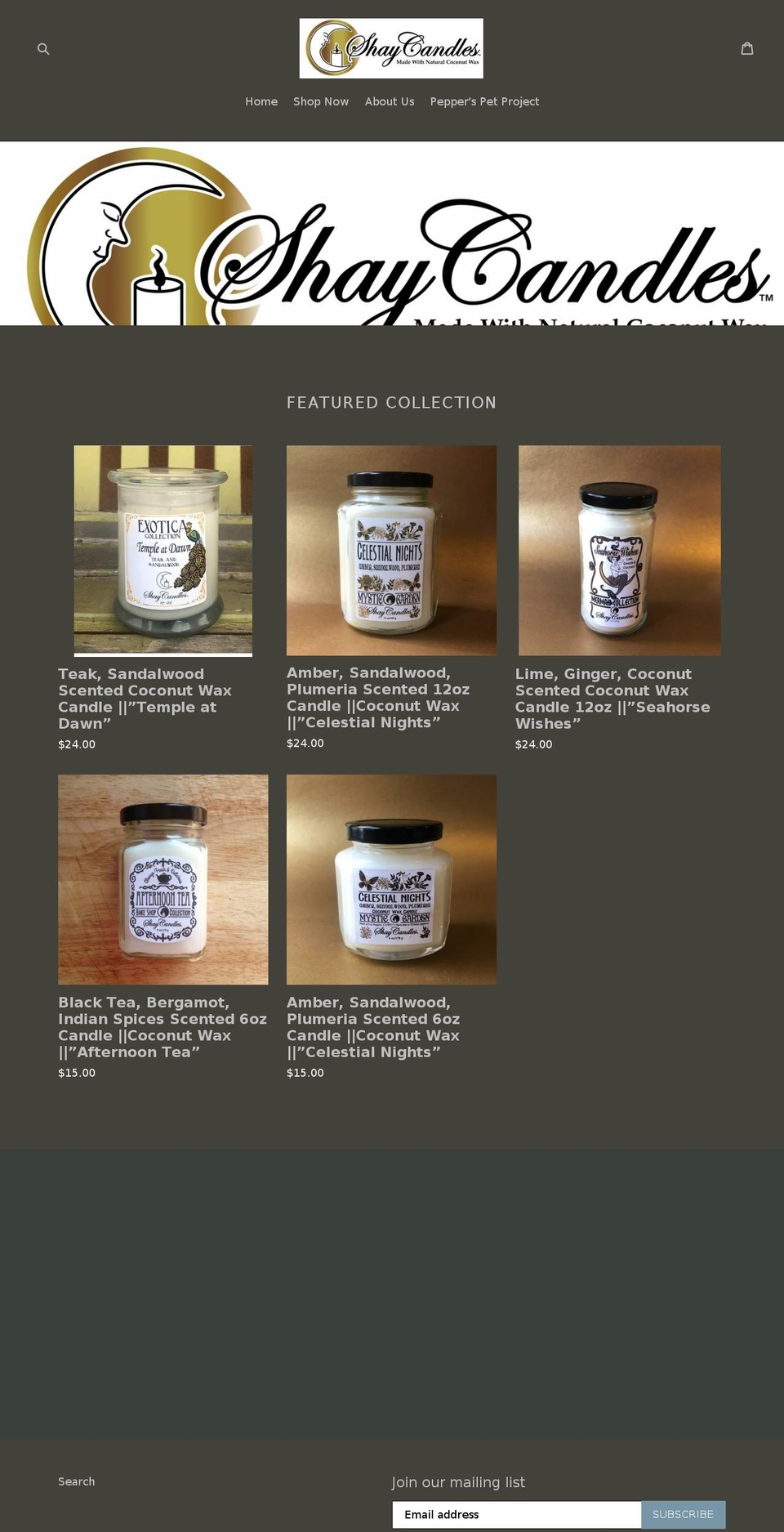 shaycandles.com shopify website screenshot