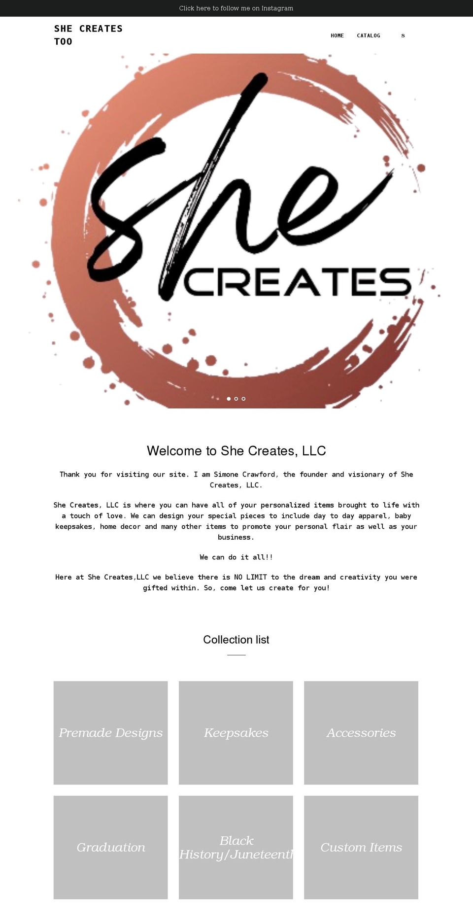 shecreatestoo.com shopify website screenshot