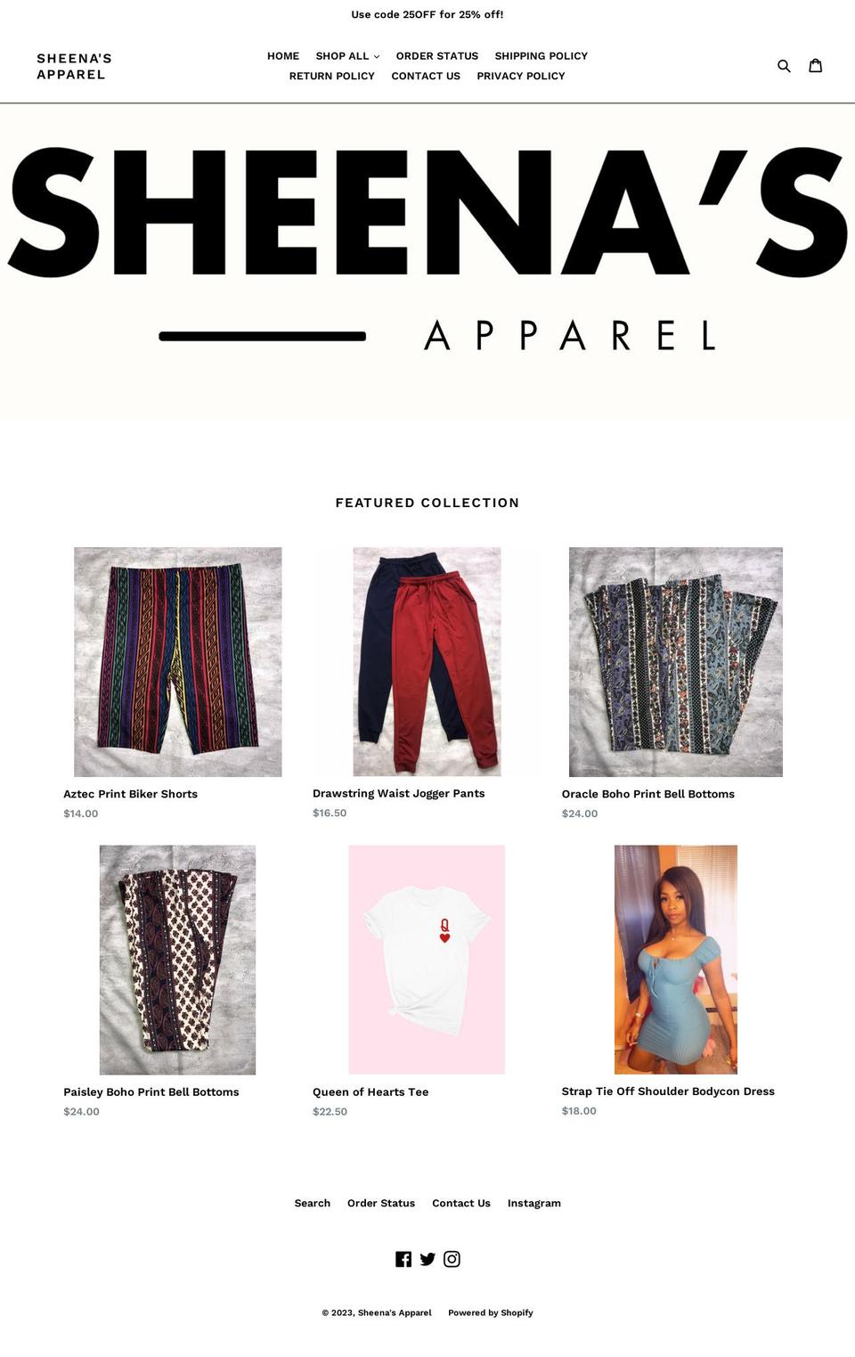 sheenasapparel.com shopify website screenshot