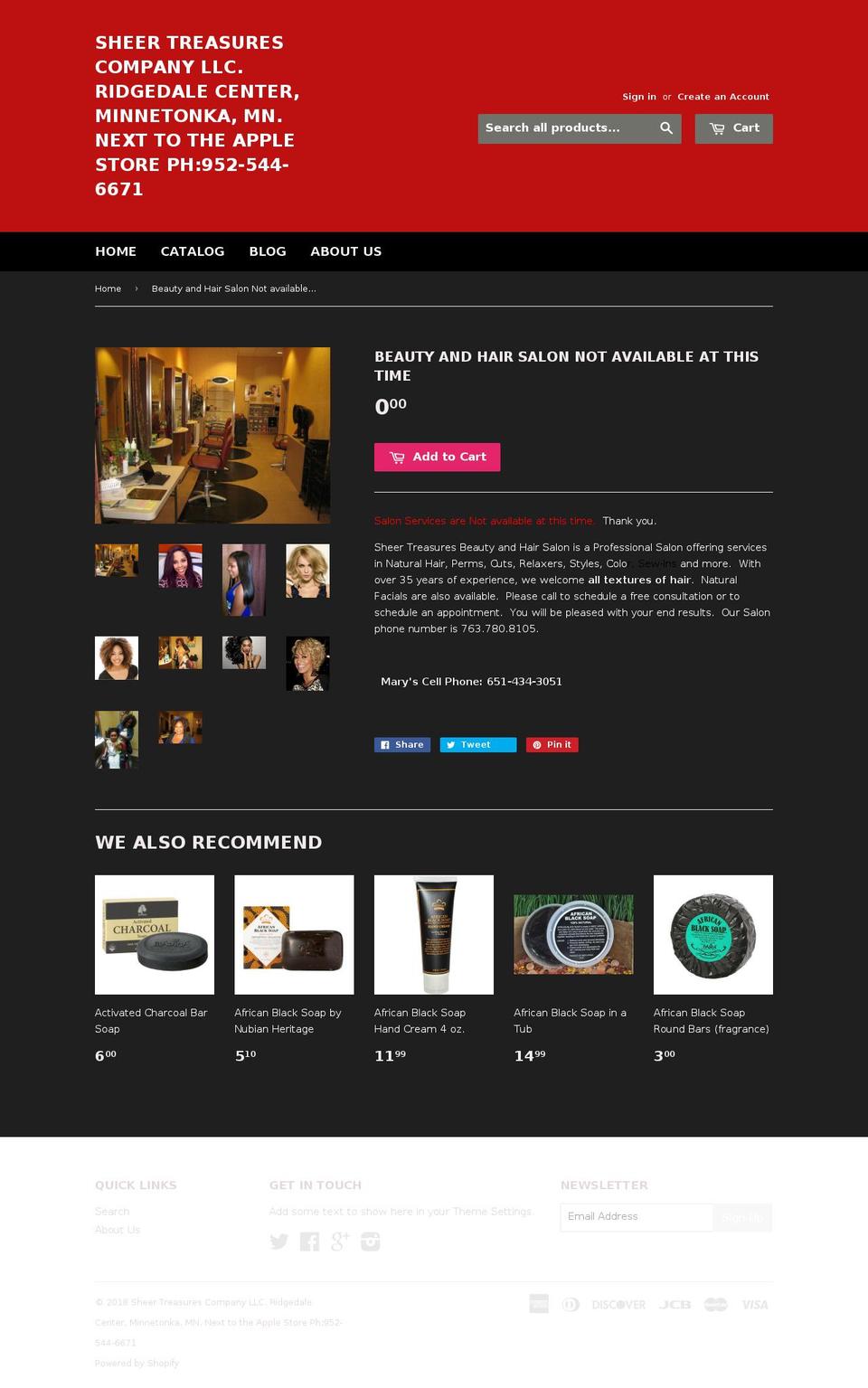sheertreasuresbeautysalon.com — Shopify storefront screenshot