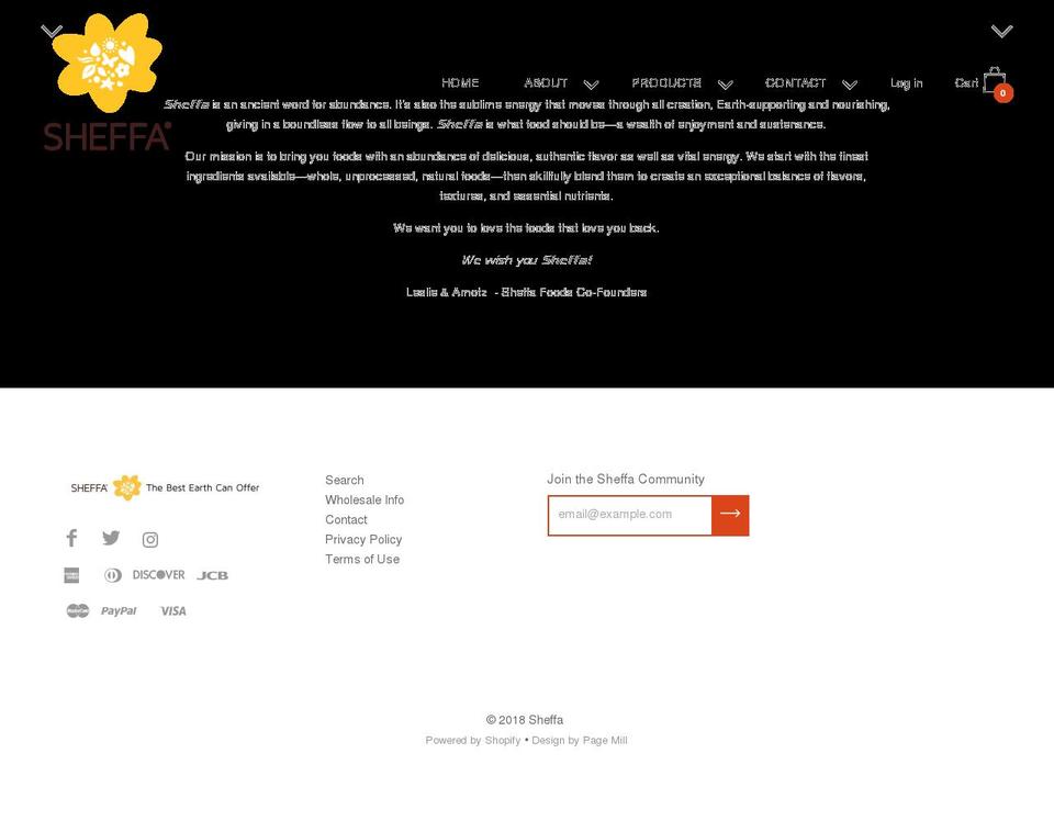 sheffafoods.com shopify website screenshot