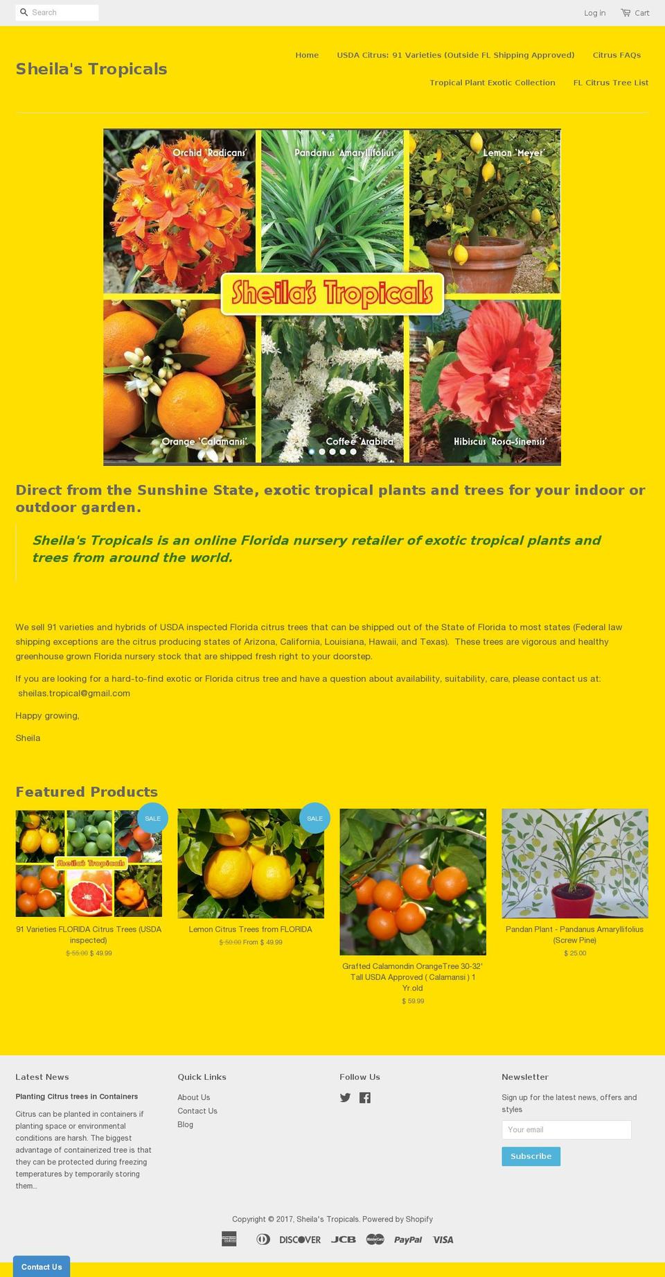 sheilas-tropicals.com shopify website screenshot