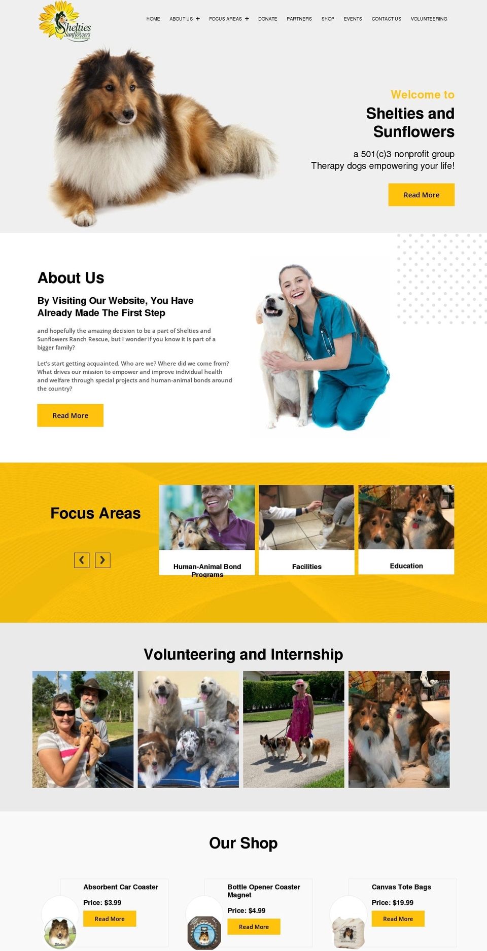 sheltiesandsunflowersranch.org shopify website screenshot