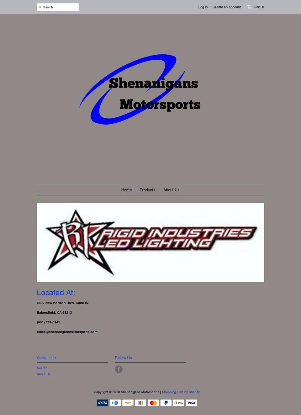shenanigansmotorsports.com — Shopify storefront screenshot