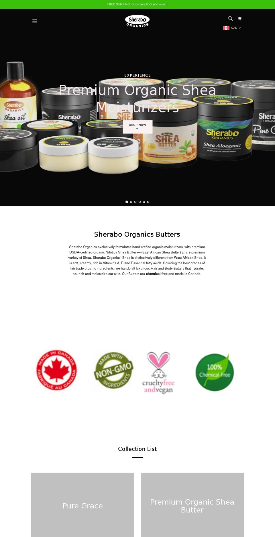 sheraboorganics-store.com — Shopify storefront screenshot