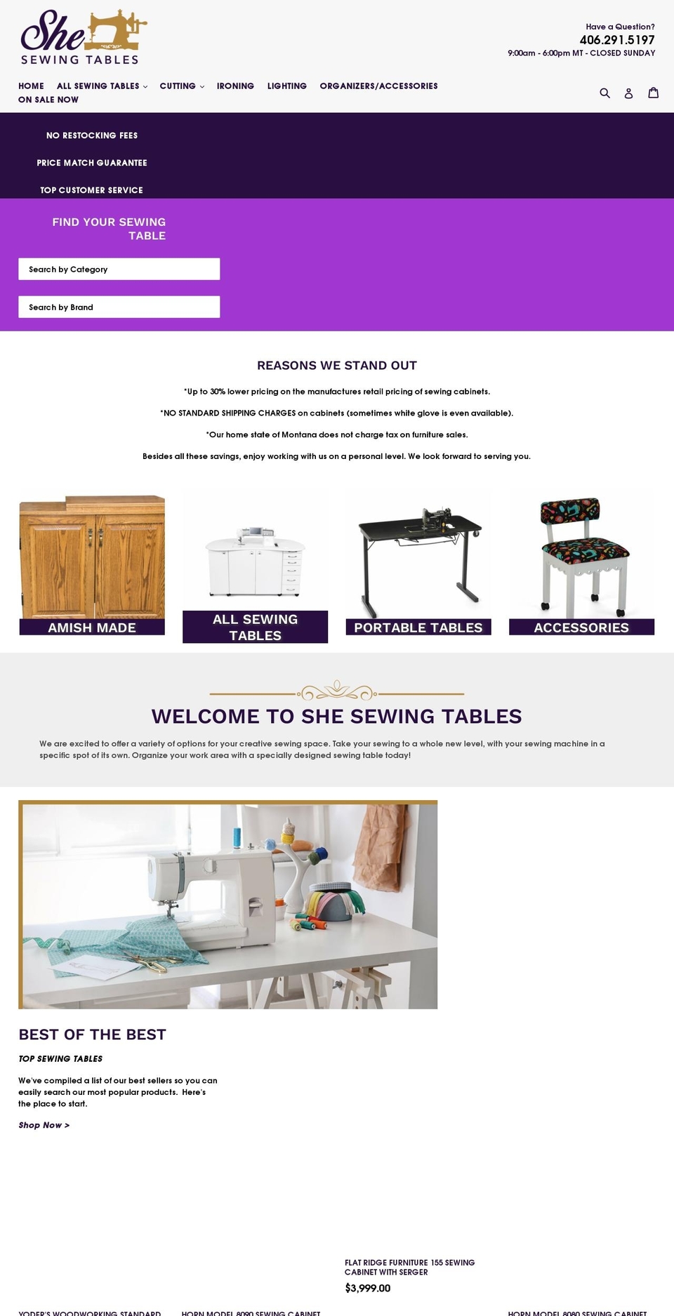 shesewingtables.com shopify website screenshot