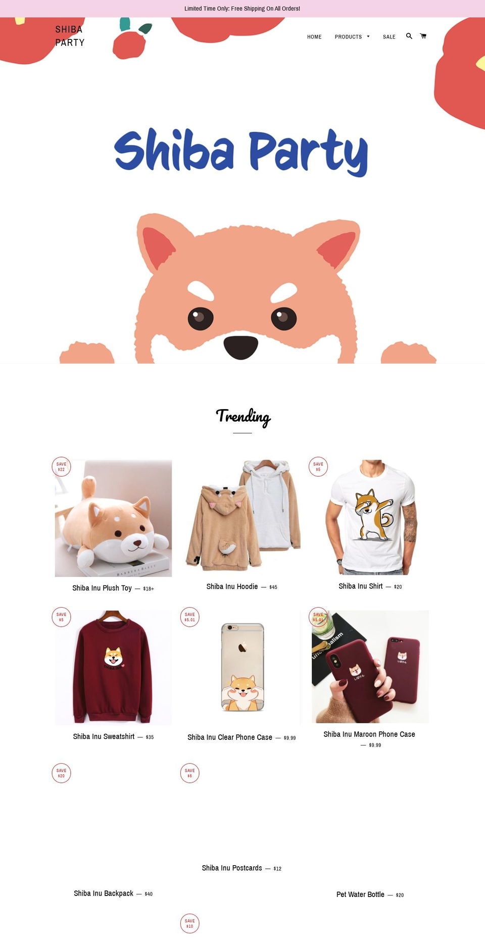shibaparty.com shopify website screenshot