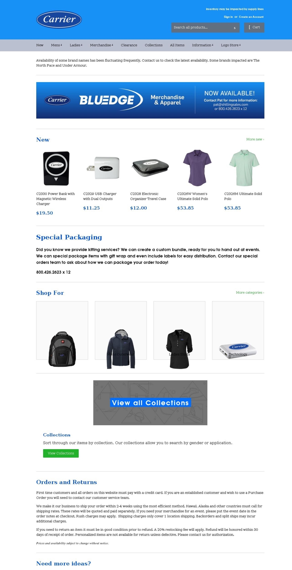 shillingsalescarriercorporatestore.com shopify website screenshot