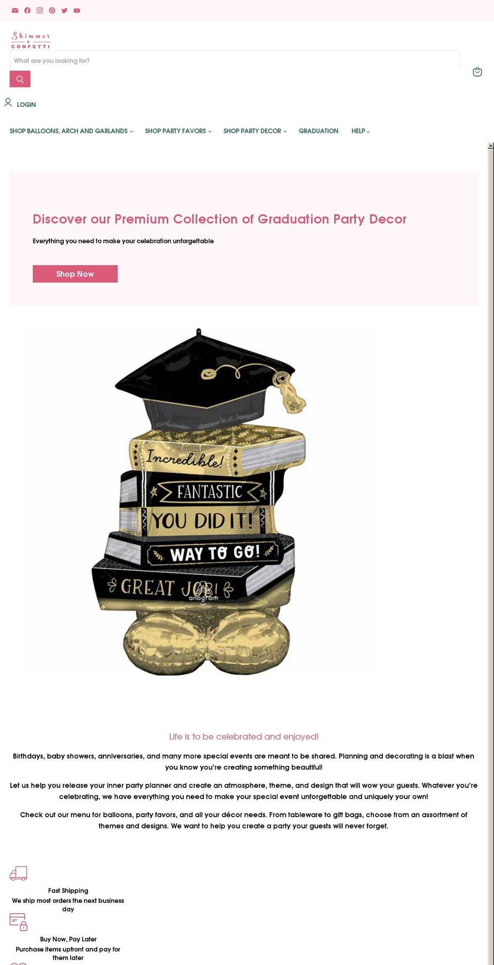 shimmerandconfetti.co.uk shopify website screenshot
