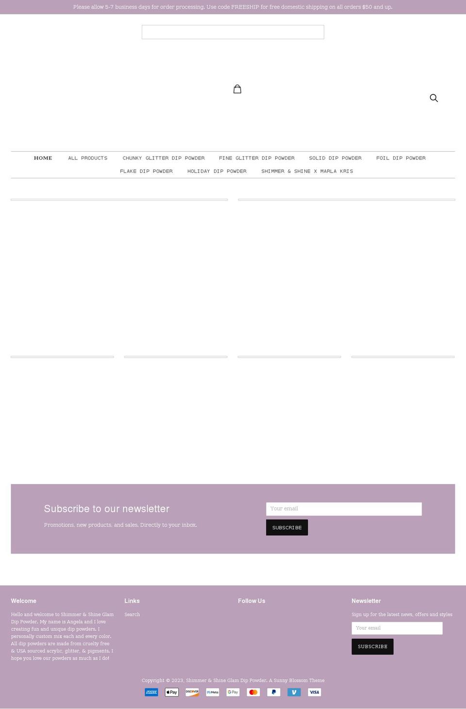 shimmerandshineglamdippowder.com shopify website screenshot