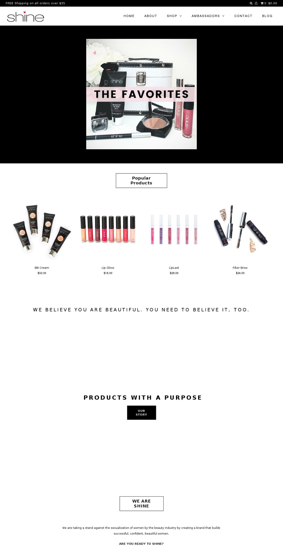 shinecosmetics.com shopify website screenshot