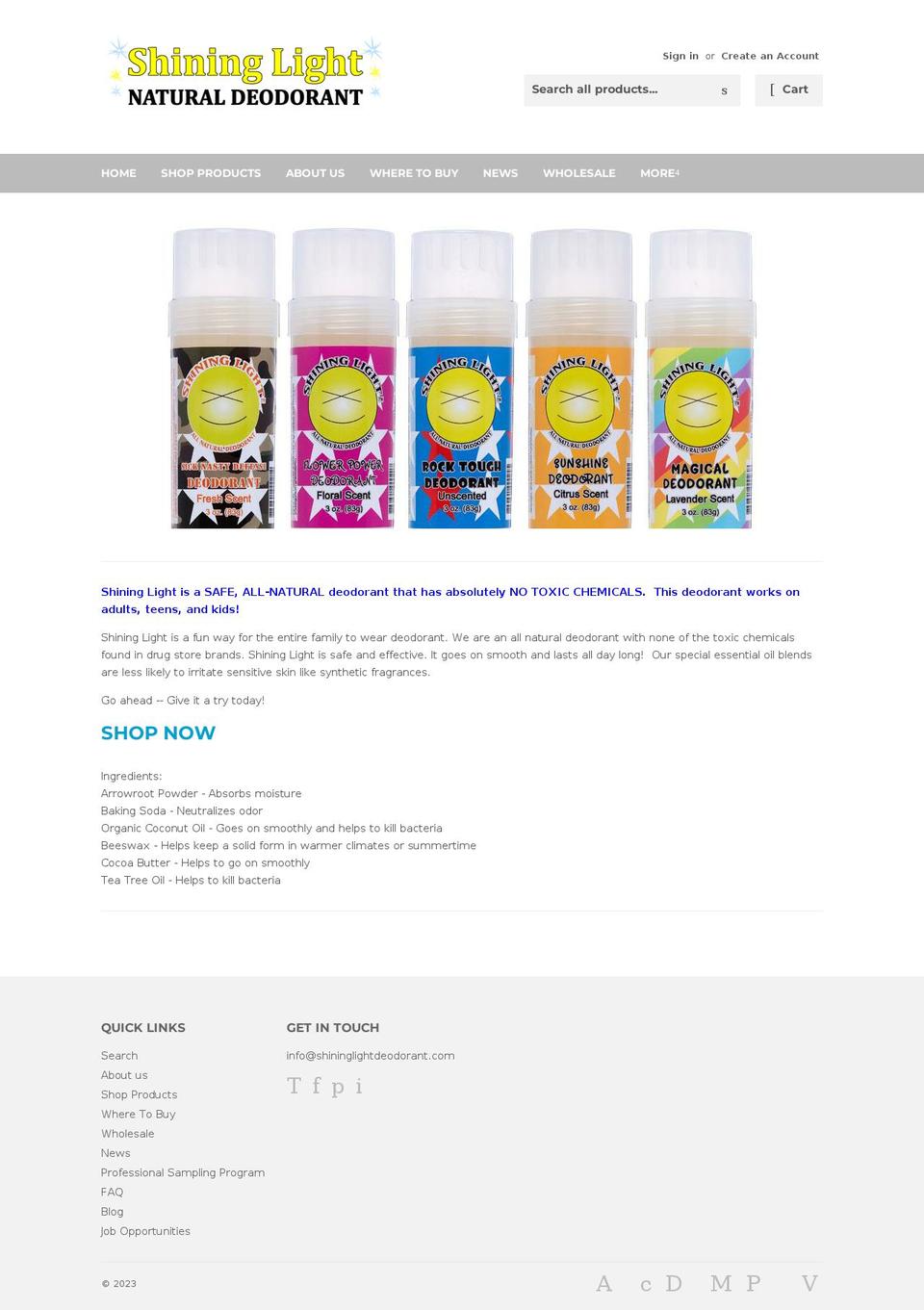 shininglightdeodorant.com shopify website screenshot