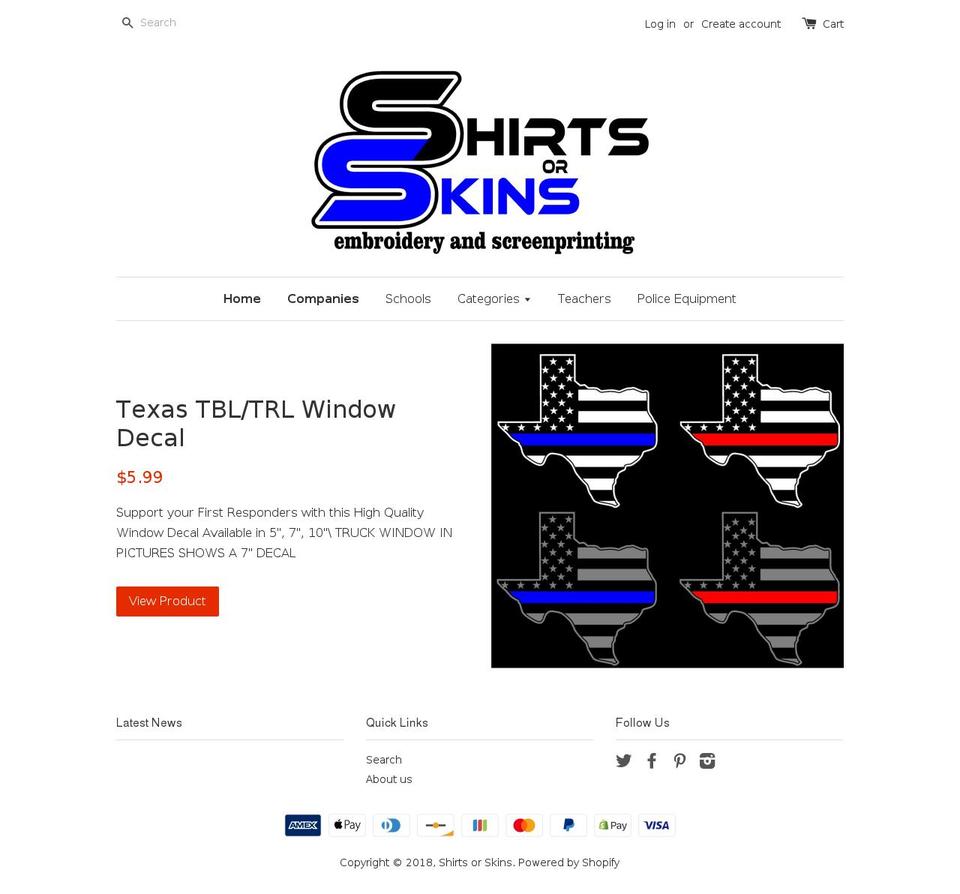 shirtsorskins.net shopify website screenshot